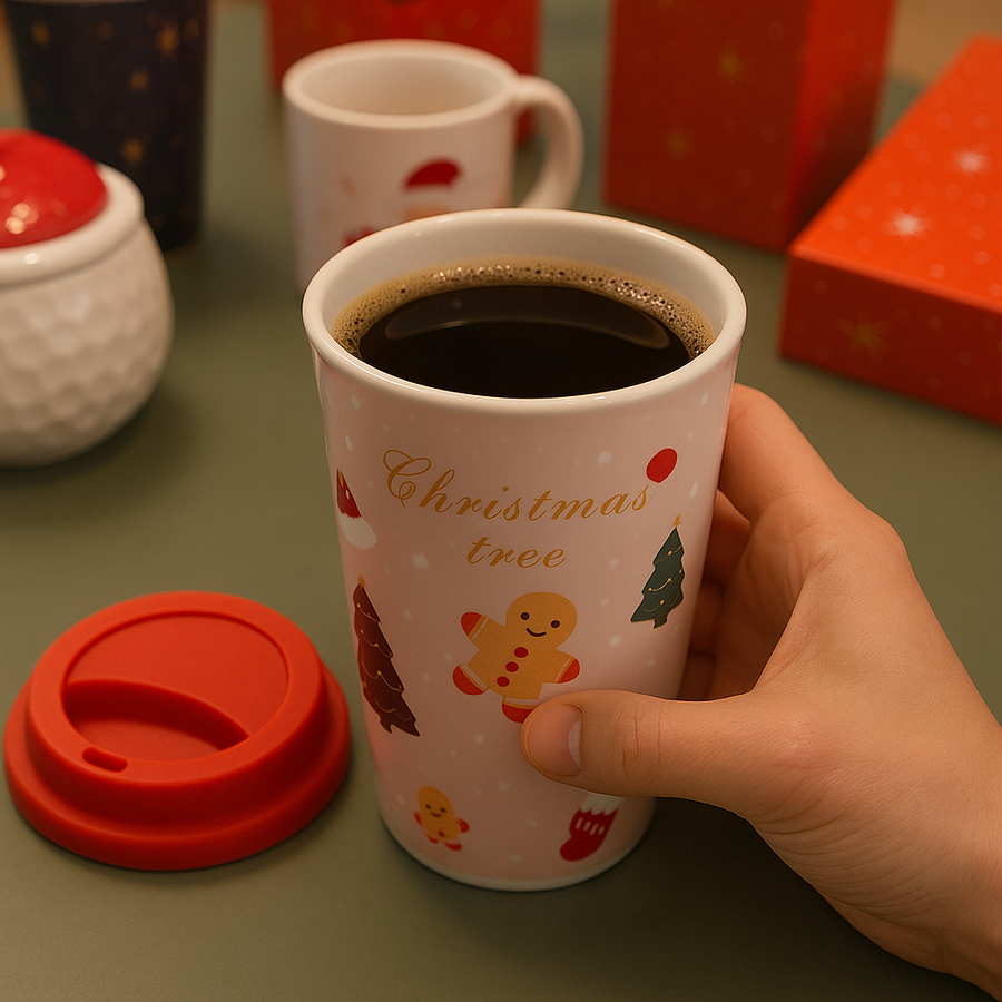 Christmas Ceramic Mug with Red Silicone Lid – 400 ml Coffee & Tea Cup-Pink