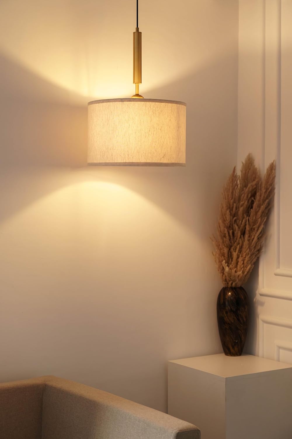 Brass Antique Cotton Fabric Lamp Shade 14" Diameter Hanging Lamps for Living Room, Bedroom, Restaurant, Cafe