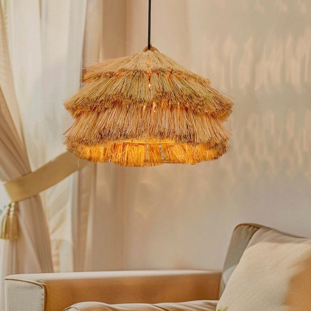 Bohemian Glow: Fringed Munja Hay 14 inch Pendant Light Adds Rustic Charm & Modern Flair