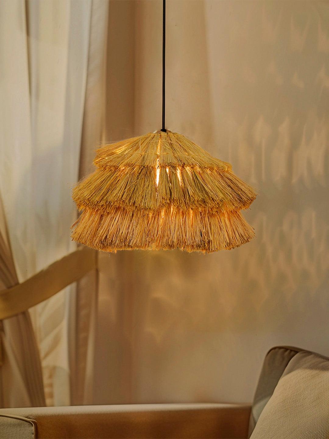 Bohemian Glow: Fringed Munja Hay 14 inch Pendant Light Adds Rustic Charm & Modern Flair