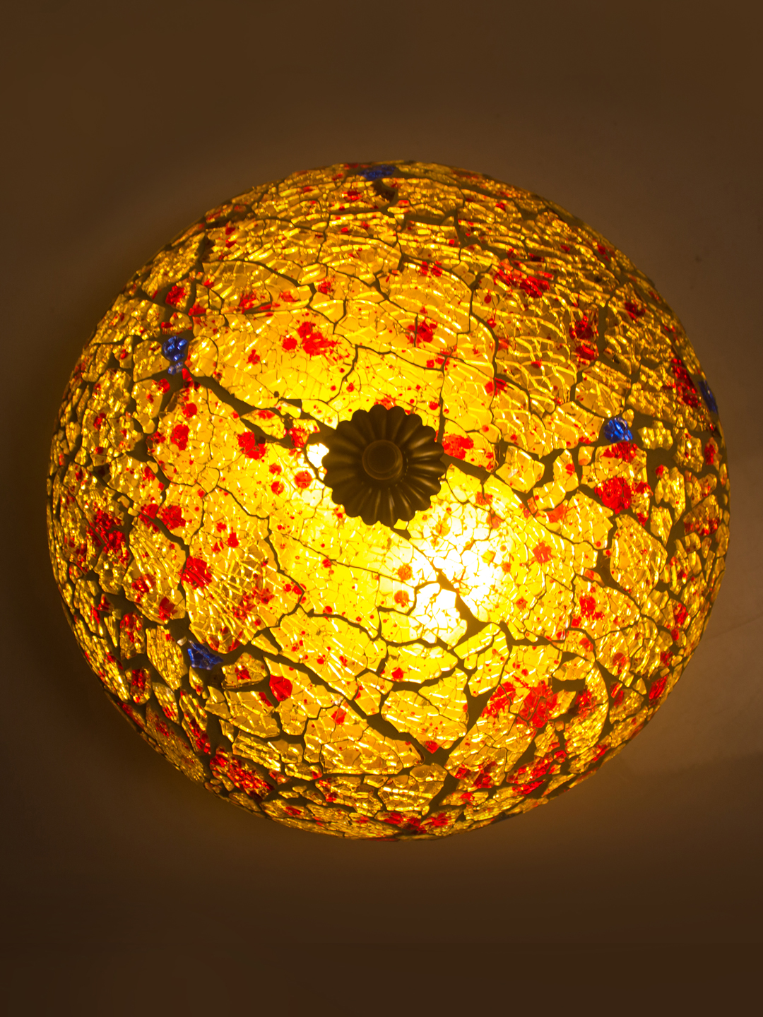 Fiery Mosaic Glass and Brass Flush Mount
  Ceiling Lamp