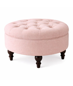 Classic Round Floral Ottoman – Soft Tufted Seat with Sagwan Wooden Base