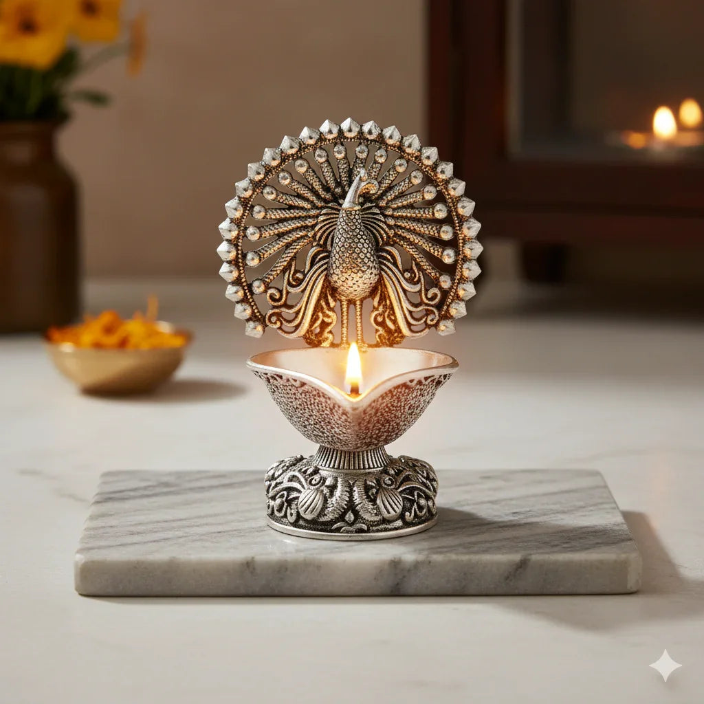 Pure Silver Plated Brass Peacock Diya