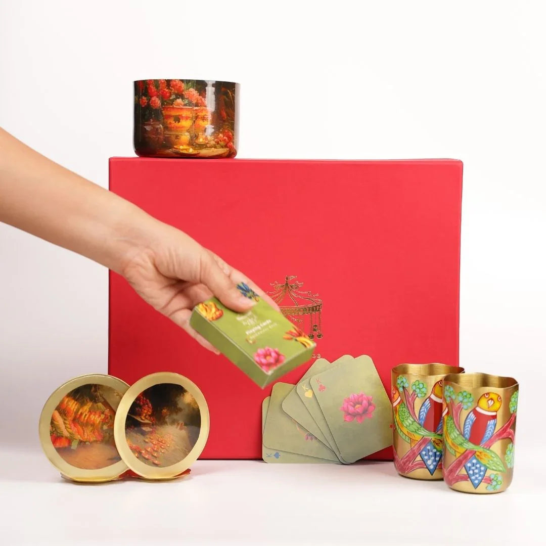 Diwali Gift Box: Traditional Pure Brass Tumblers + Brass Coasters, Soy Wax Candle & Playing Cards – Festive Indian Gift Hamper