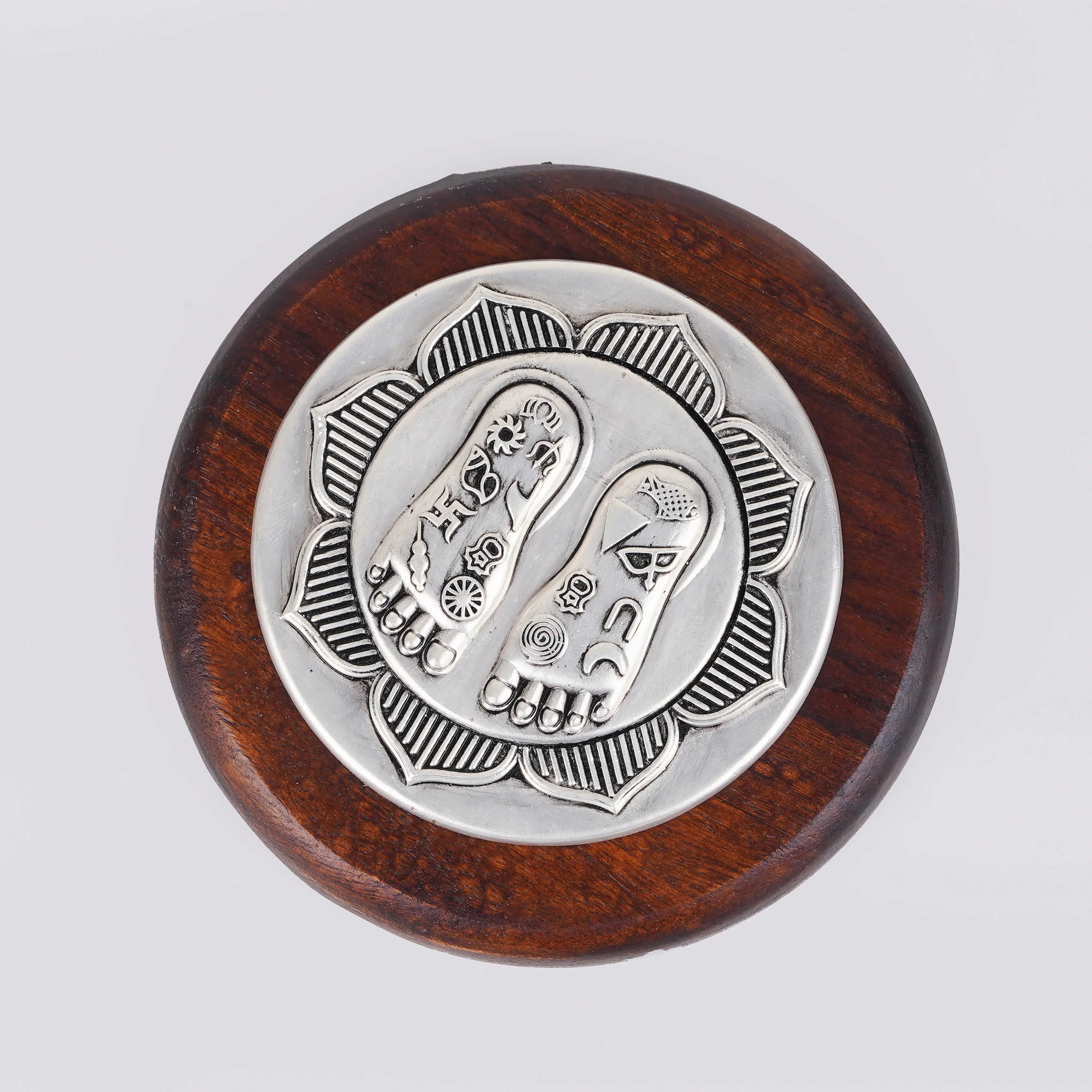 Silver Plated Brass Lakshmi Charan Sacred Goddess Feet Plaque On Wooden Plank