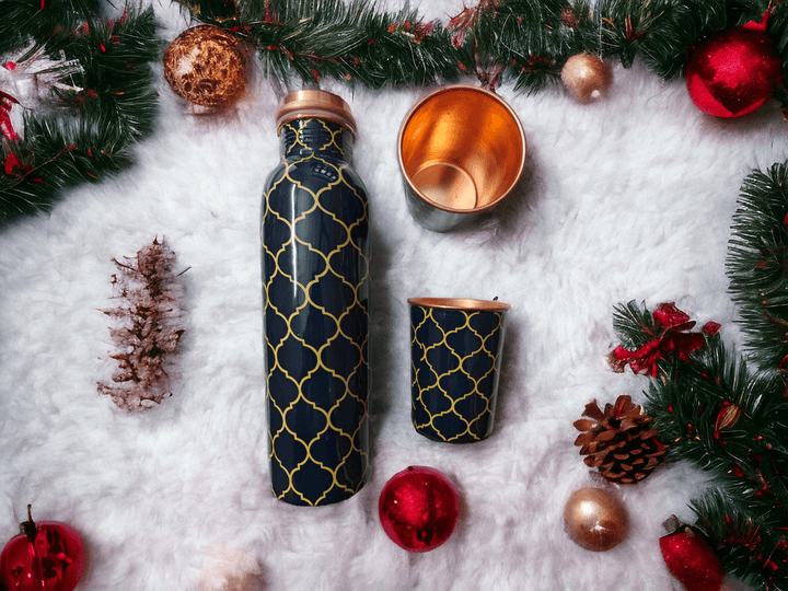 Copper Water Bottle Gift Set with Cleaning Brush & Flask