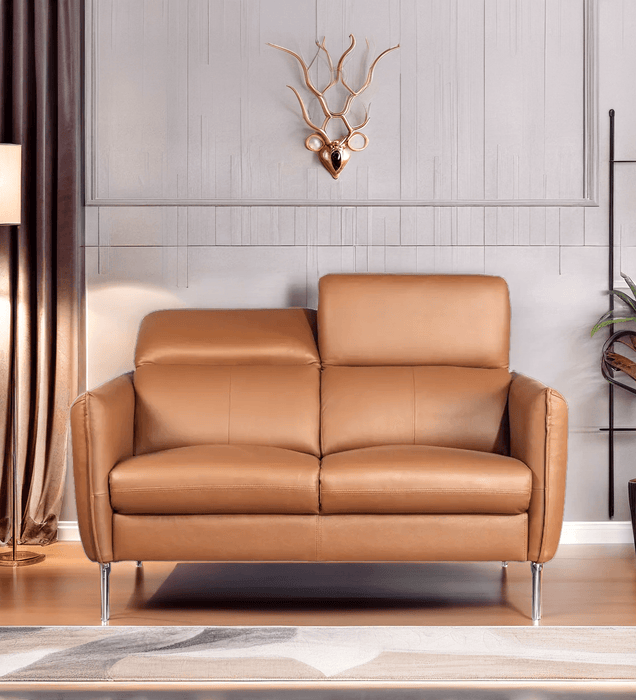 Navona Genuine leather modern sofa with functional headrest In Tan Colour.