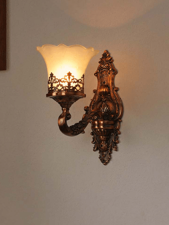Antique Copper Finish Classic Single Light Aluminium Wall Lamp With Adorned Translucent Glass Shades