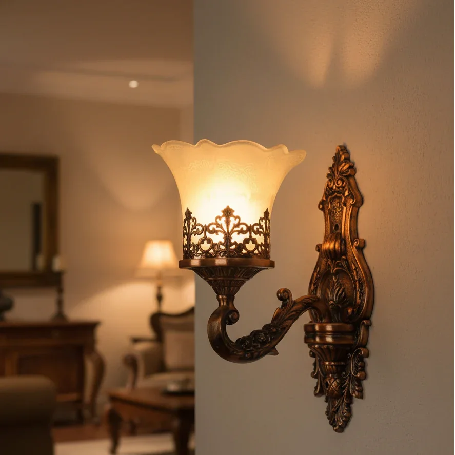 Antique Copper Finish Classic Single Light Aluminium Wall Lamp With Adorned Translucent Glass Shades