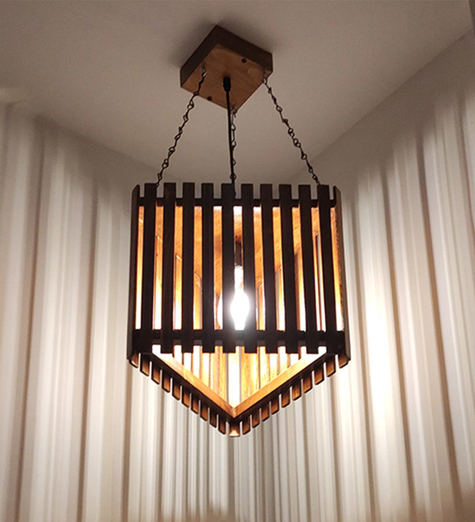 Trikona Brown Wooden Single Hanging Lamp