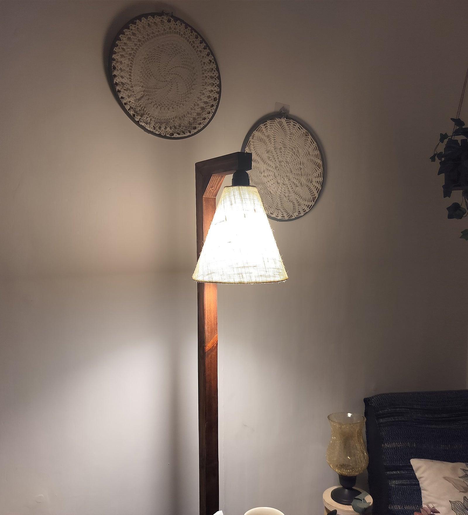 Gerard Wooden Floor Lamp with Brown Base and Jute Fabric Lampshade