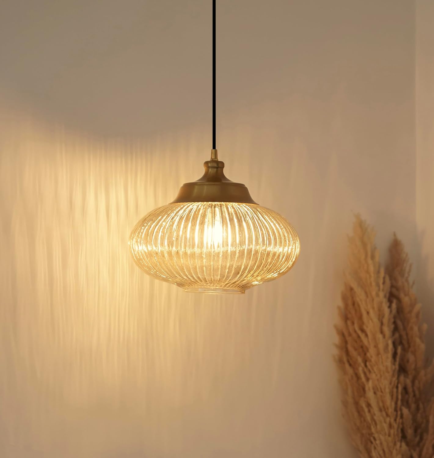 Ribbed Green Melon Glass Hanging Pendant Light Antique Brass Finish for Living Room, Bedroom, Home Decoration and Kitchen