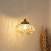 Ribbed Green Melon Glass Hanging Pendant Light Antique Brass Finish