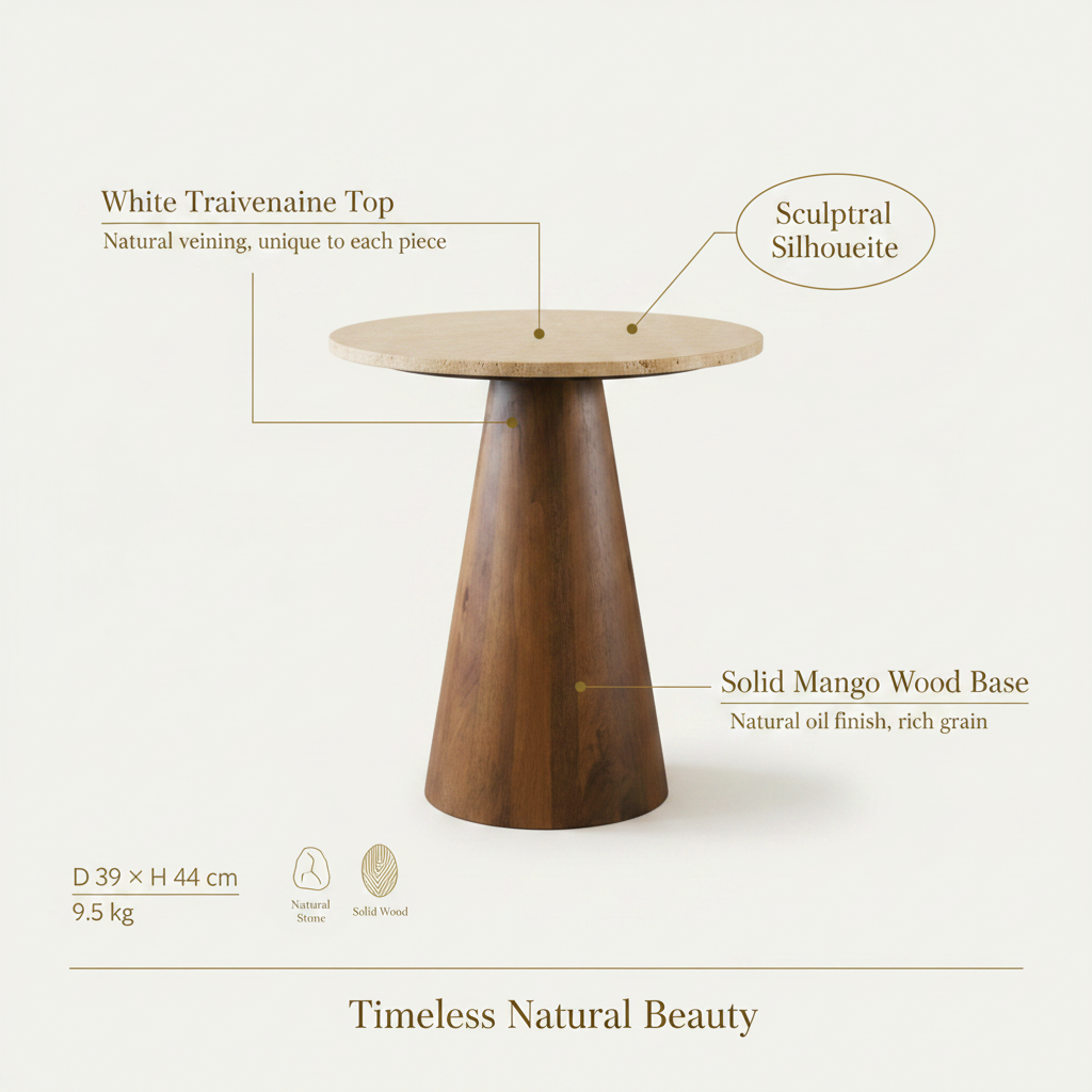 Travertine & Mango Wood Sofa Side Table | Modern End Table for Living Room