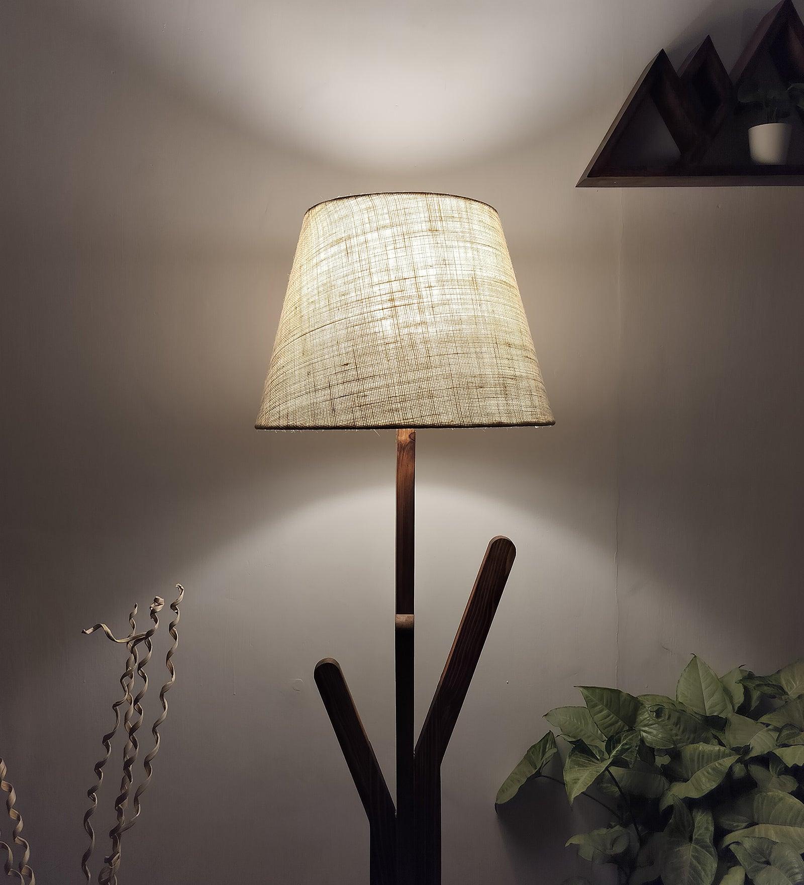 Vrikshya Wooden Floor Lamp with Brown Base and Premium Beige Fabric Lampshade