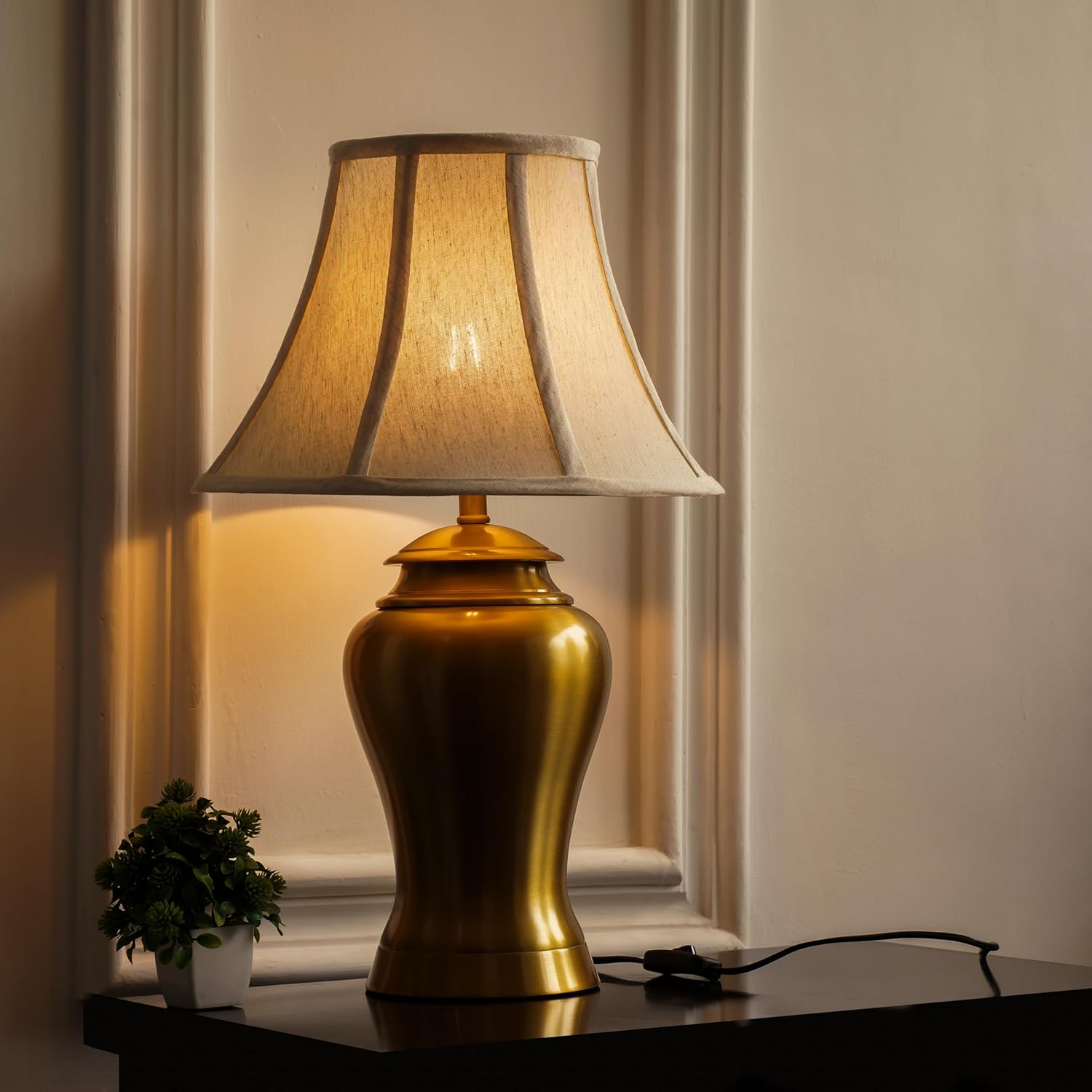Royal Brass Antique Gold Finish Table Lamp 23 Inches Height With Off White 14 Inches Bell Diameter Lampshade