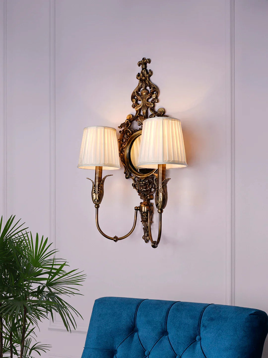 Vintage Elegance Meets Luxury - Antique Brass Wall Lamp with Mirror and Pleated Chiffon Shades
