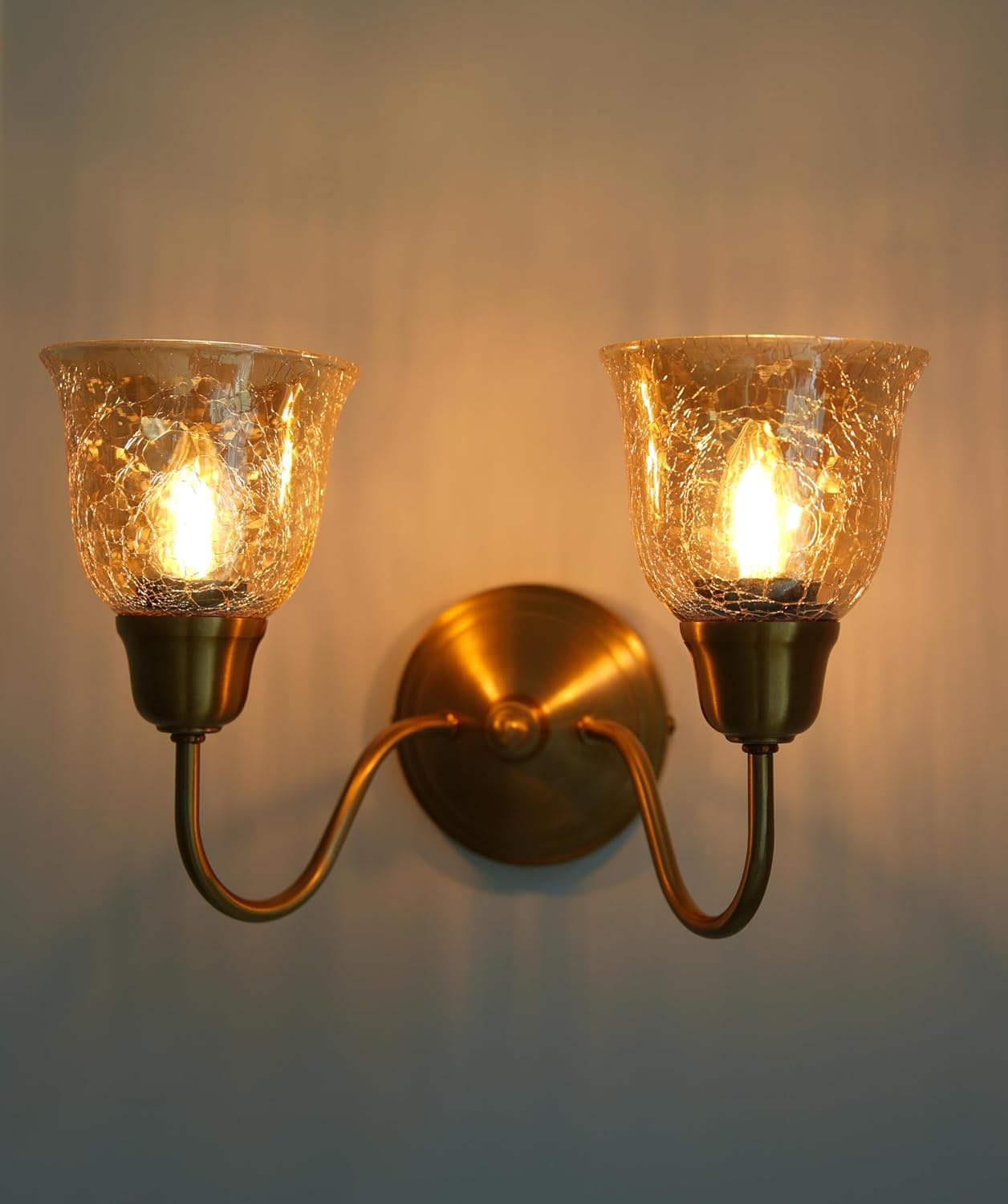 Double Curve Wall Lamp Antique Brass Finish with Cup Crackled Glass Shade for Living Room, Bedroom and Home Decoration