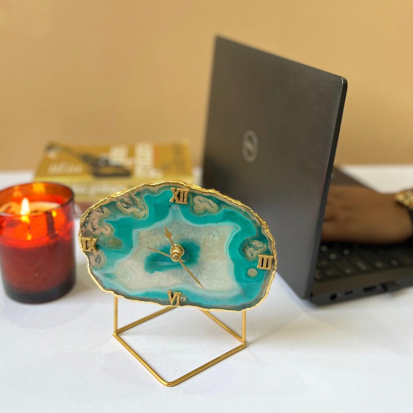 Brazilian Agate Desktop Clock with Metal Stand | Antique Timepiece