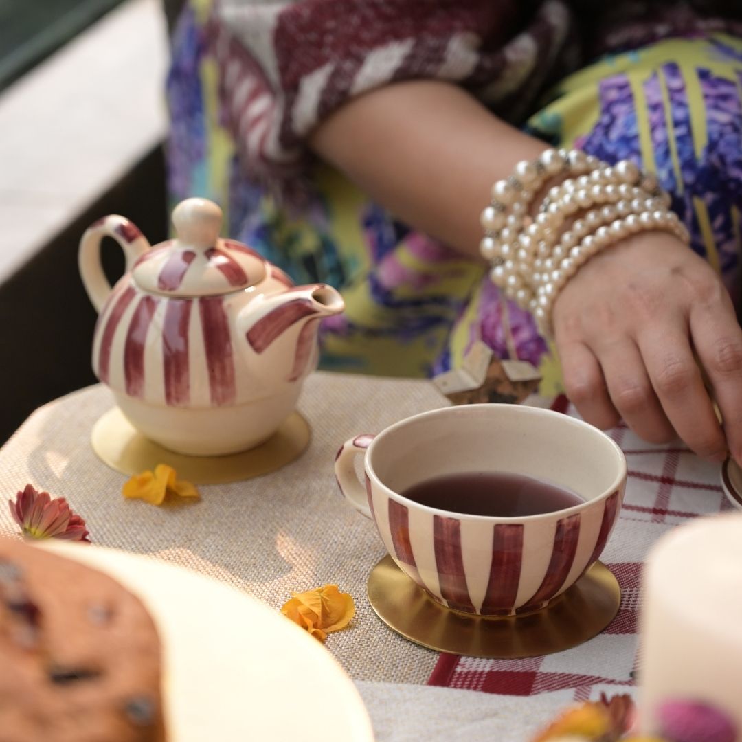 Handmade Ceramic Striped Tea Pot and Cup Set – Coral Pink & White Stoneware for Tea Lovers