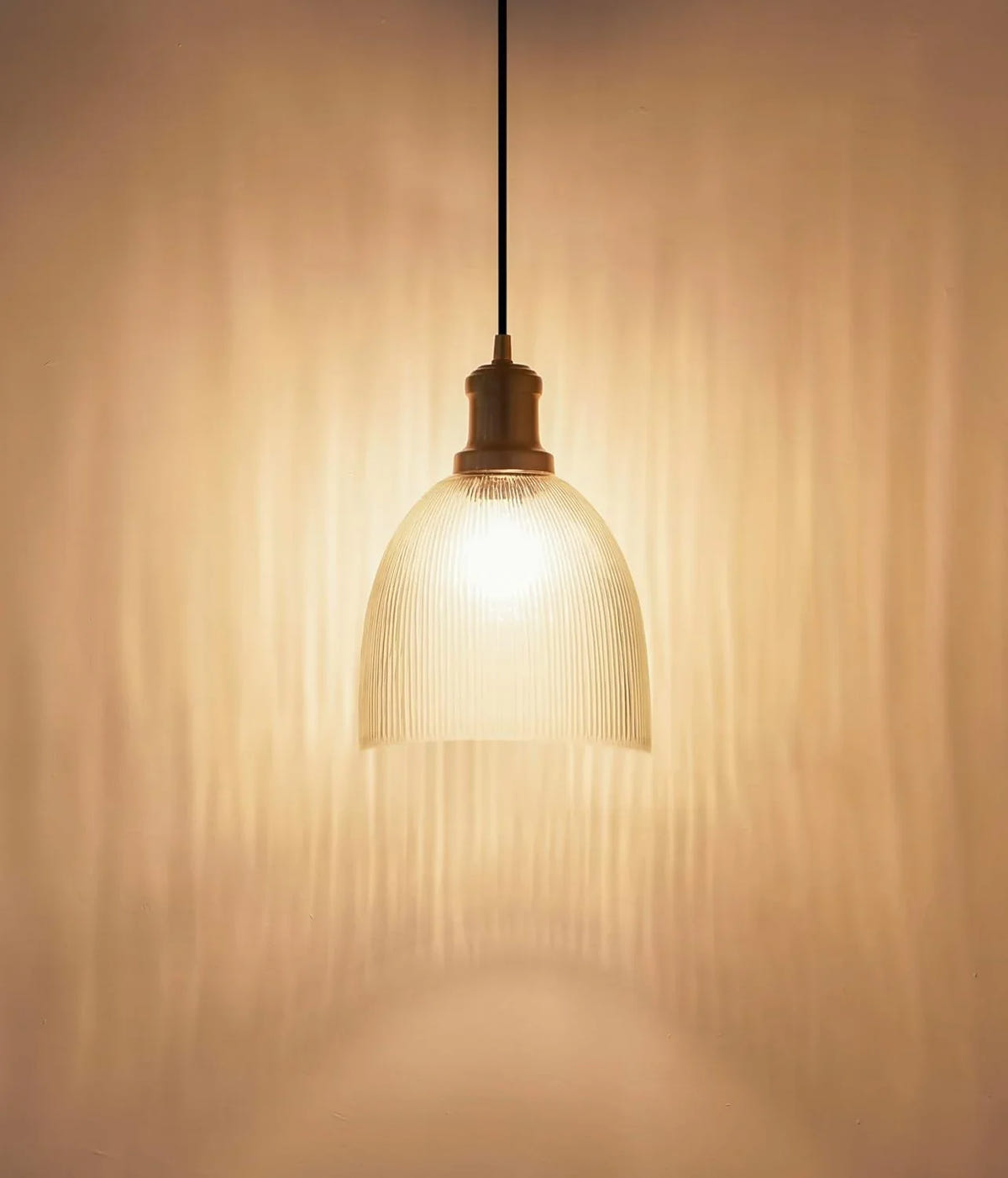 Grooved Transparent Glass Hanging Pendant Light with Antique Brass Finish for Living Room, Bedroom, Kitchen, Dining