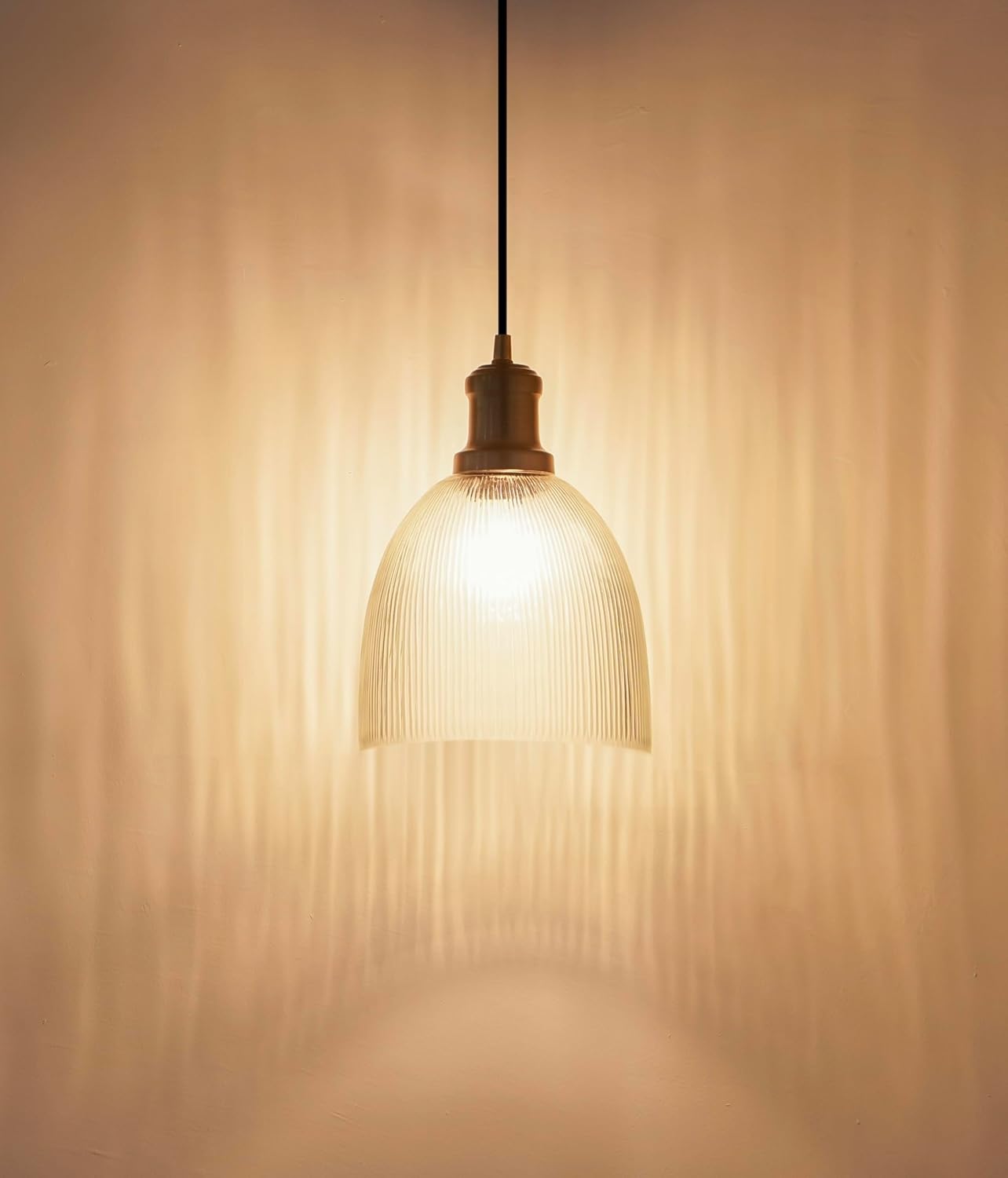 Grooved Transparent Glass Hanging Pendant Light with Antique Brass Finish for Living Room, Bedroom, Kitchen, Dining