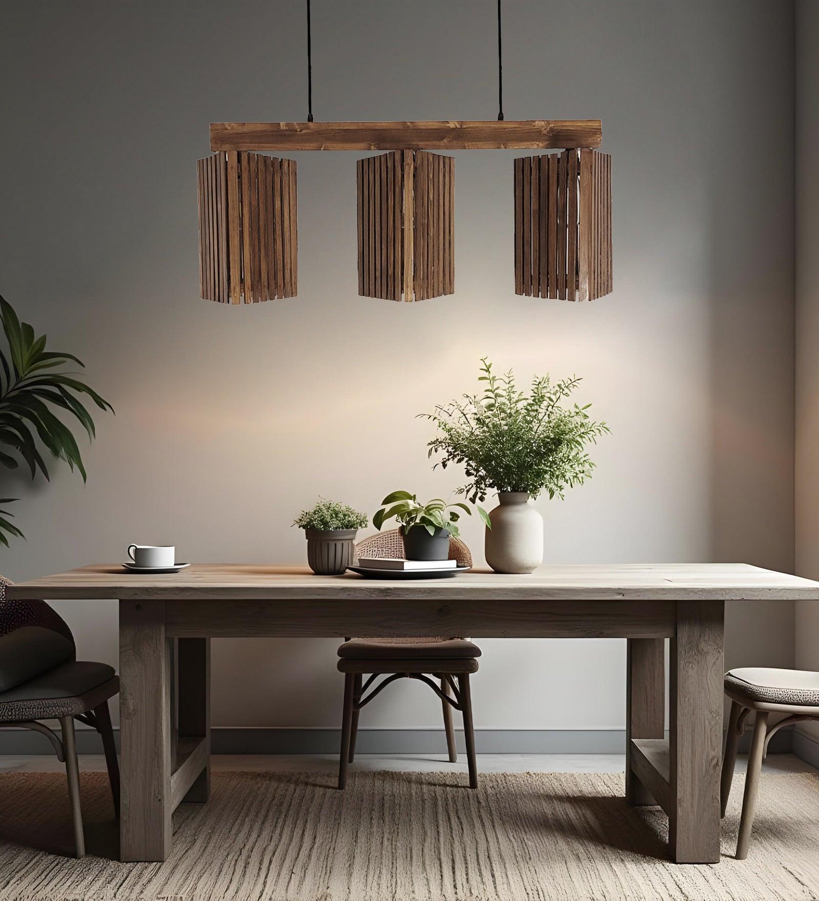 Trikona Brown Wooden 3 Series Hanging Lamp