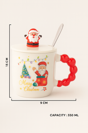 Christmas Ceramic Mug with Lid & Spoon | 350 ML Santa Mug with Red Handle | Merry Christmas Gift Cup for Coffee