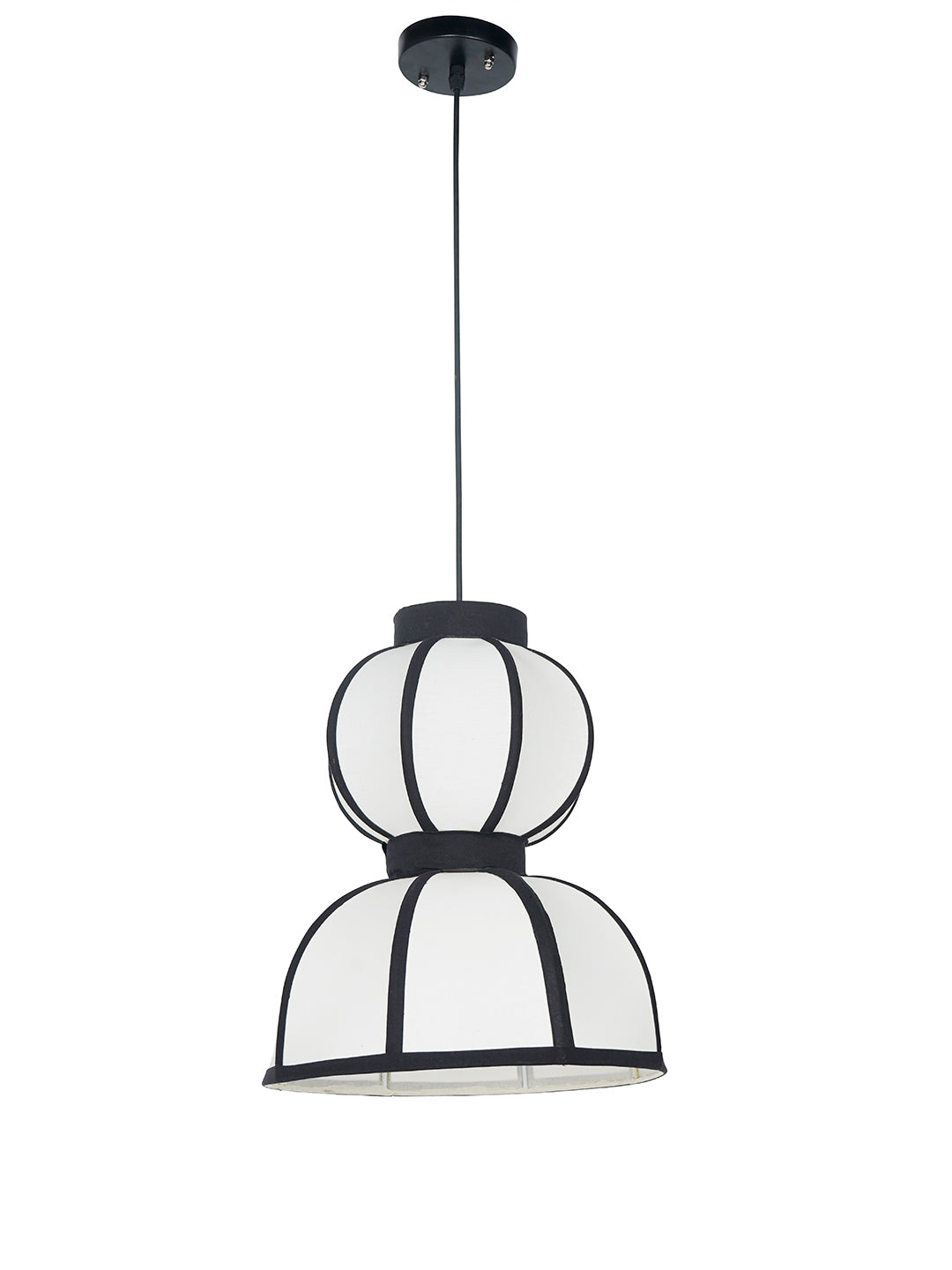 12-Inch Japandi Double Bowl Fabric
  Pendant | Zen Asian Style White Lantern with Black Structural Ribbing