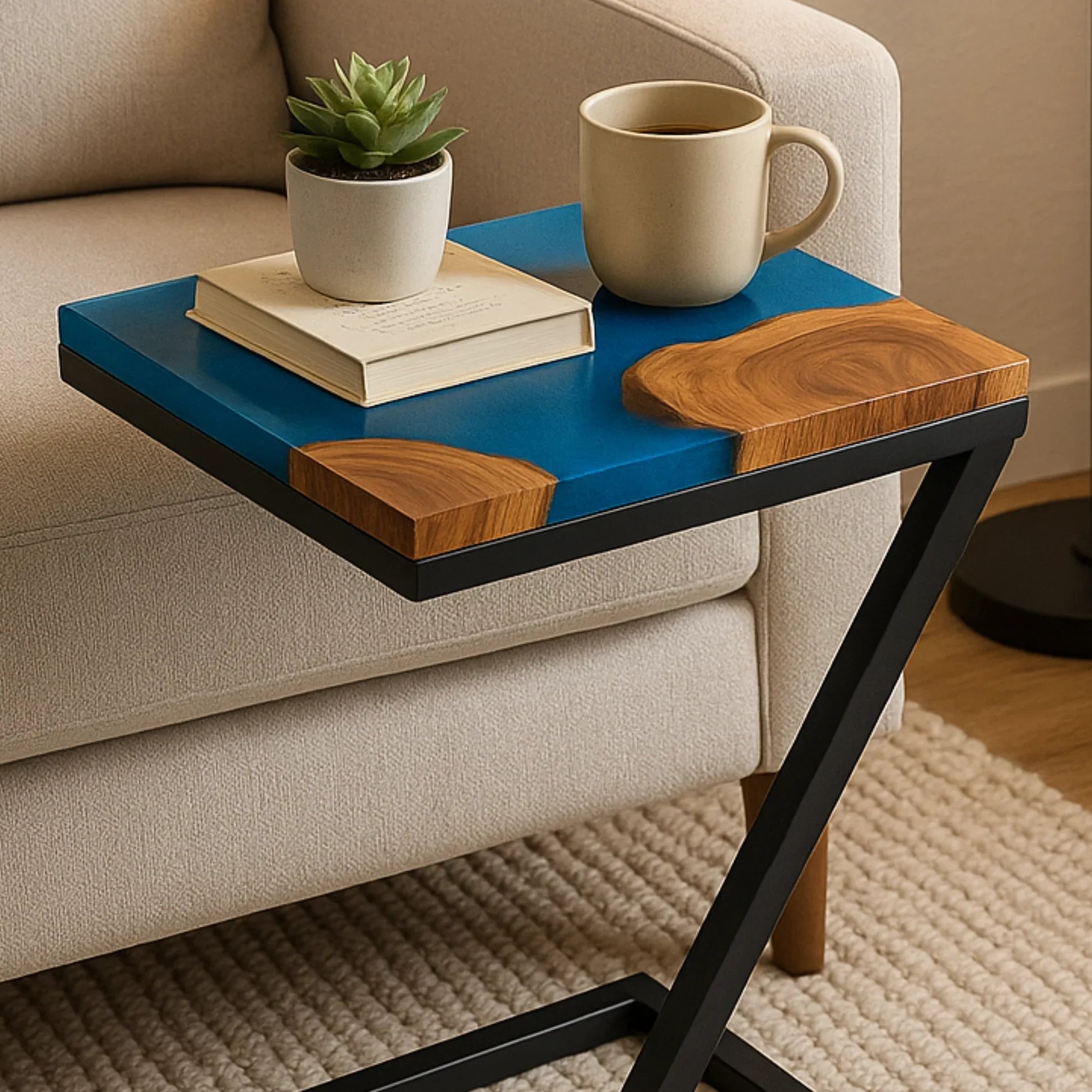 Teak Wood End Table with Aqua Blue Resin | Side Table for Living Room
