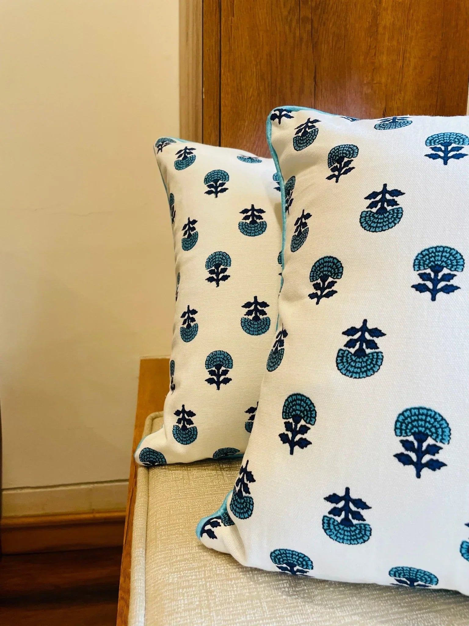 Turquoise Handblock Printed Cotton Cushion Covers - Set of 2