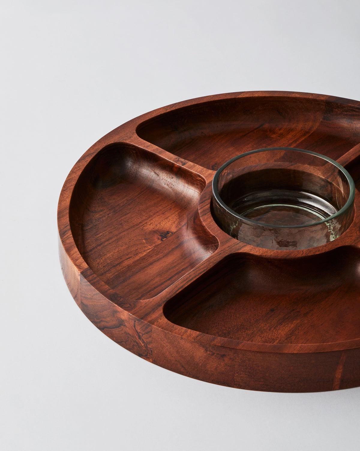 Natural Acacia Wood Snacks Serving Platter | Wooden Chip & Dip Platter with 1 Pc Glass Bowl