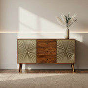 Solid Mango Wood Sideboard Cabinet | Brown Storage Cabinet with Brass Doors for Living Room & Dining Room
