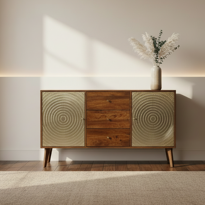 Solid Mango Wood Sideboard Cabinet | Brown Storage Cabinet with Brass Doors for Living Room & Dining Room