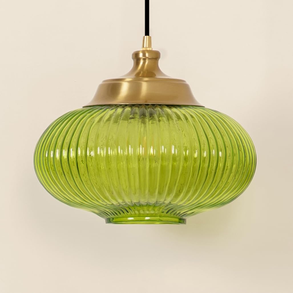 Ribbed Green Melon Glass Hanging Pendant Light Antique Brass Finish for Living Room, Bedroom, Home Decoration and Kitchen