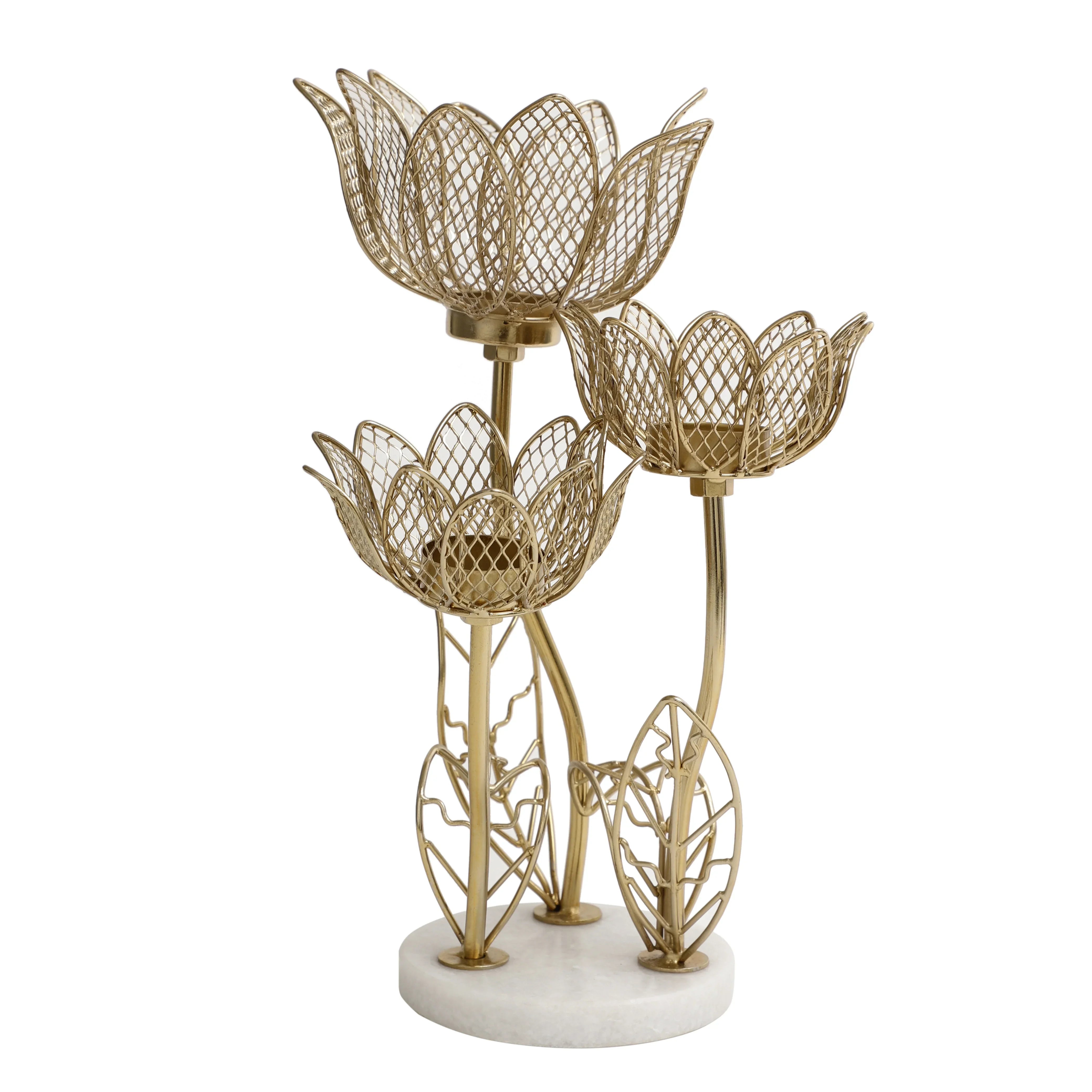 Lotus Triple-Tealight Candle Stand With Marble Base
