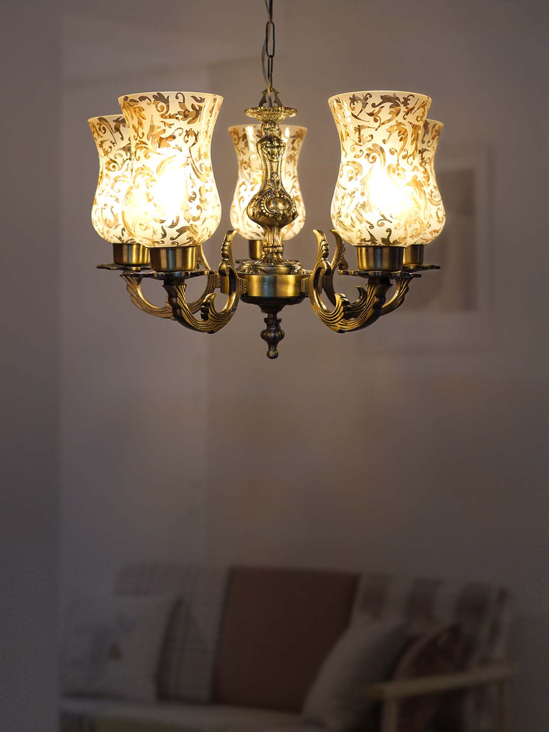 Antique Aluminium 5 Light Lustre Etched Glass Ceiling Hanging