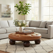 Sfera Coffee Table for Living Room | Solid Mango Wood Center Table with Leather Tufted Top (Walnut Finish)