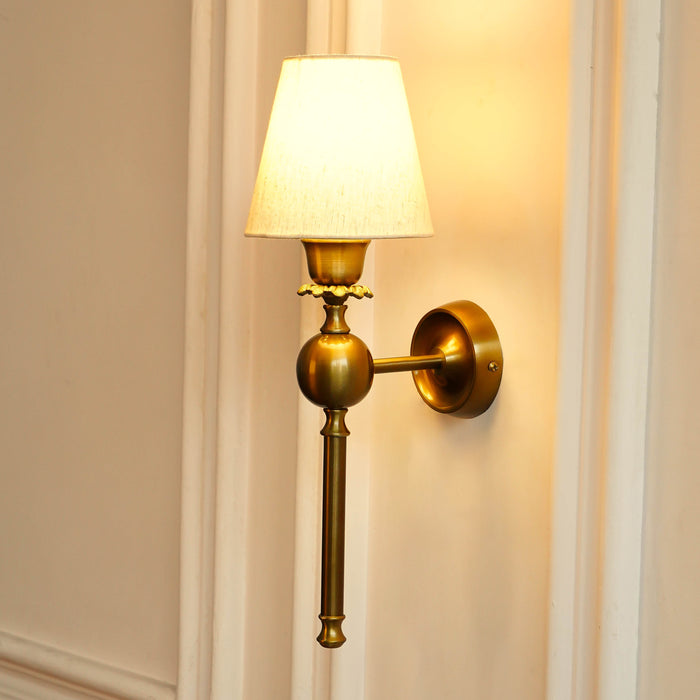 Brass Antique Finish Ball Wall Lamp with Off White Shade