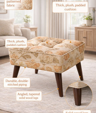 Floral Upholstered Ottoman Stool with Sagwan Wooden Legs