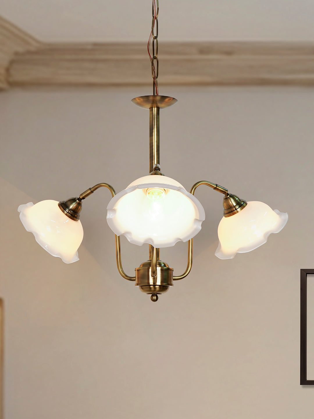 28-Inch Antique Brass 3-Light Adjustable Chandelier | Vintage Gooseneck Design with White Frilled Glass Shades