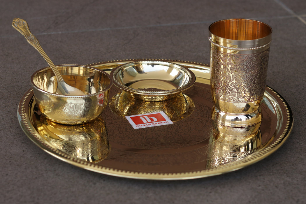 Brass Golden Plate Set Of 5 | Round Festival Gifting Thali With Katori & Glass