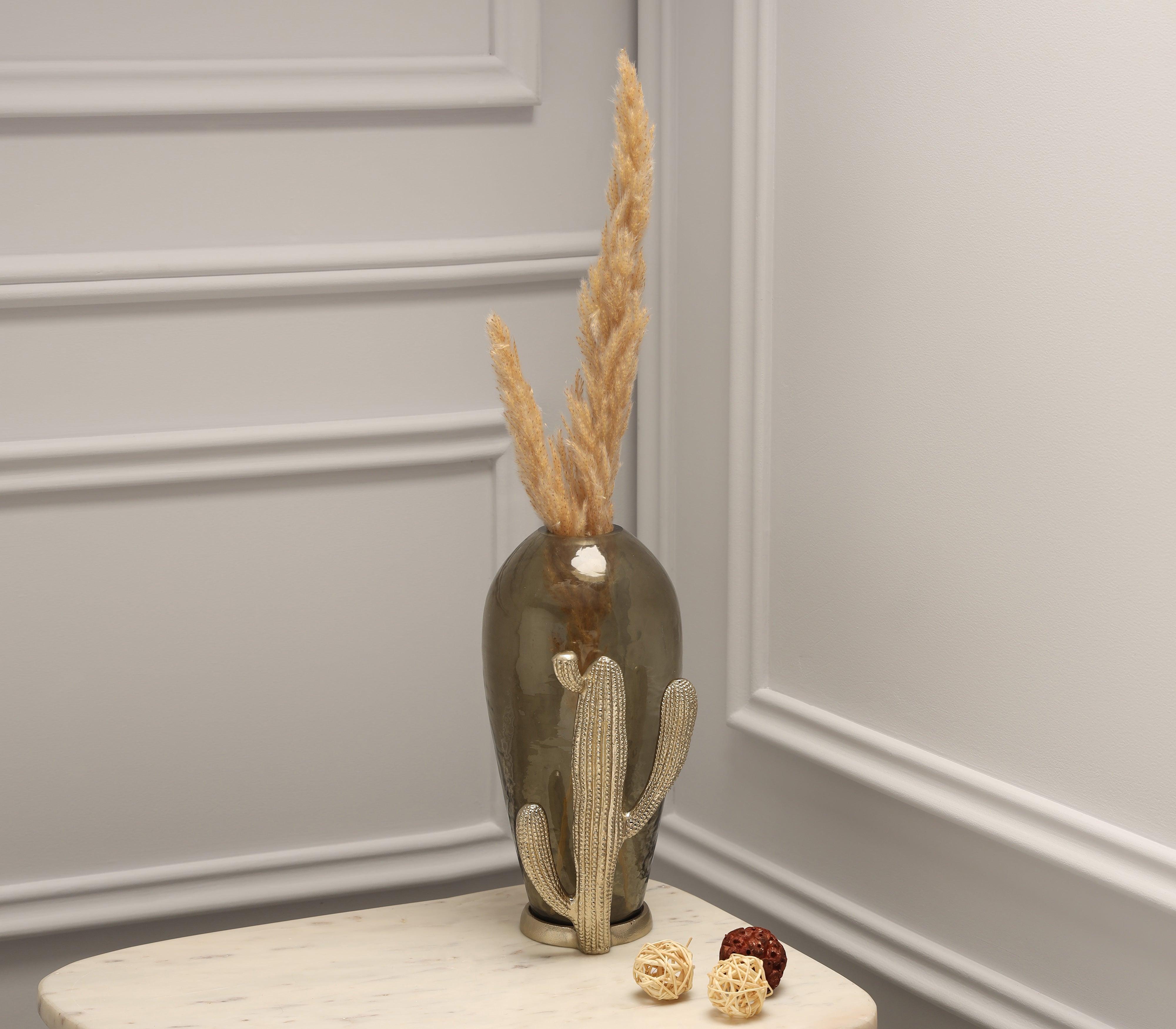 Cacti Vase | Gold Finished  with Textured Deep Olive Colored Glass