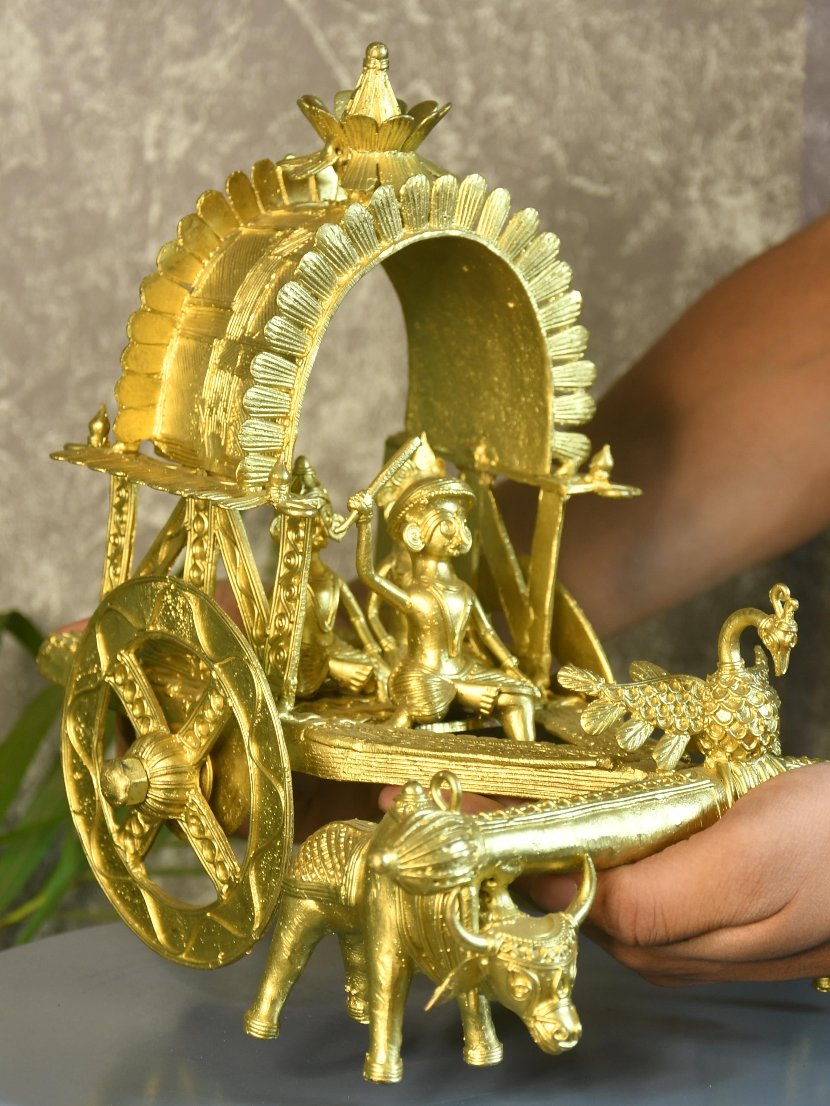 Large Dhokra Craft - Cow Cart Brass Decor