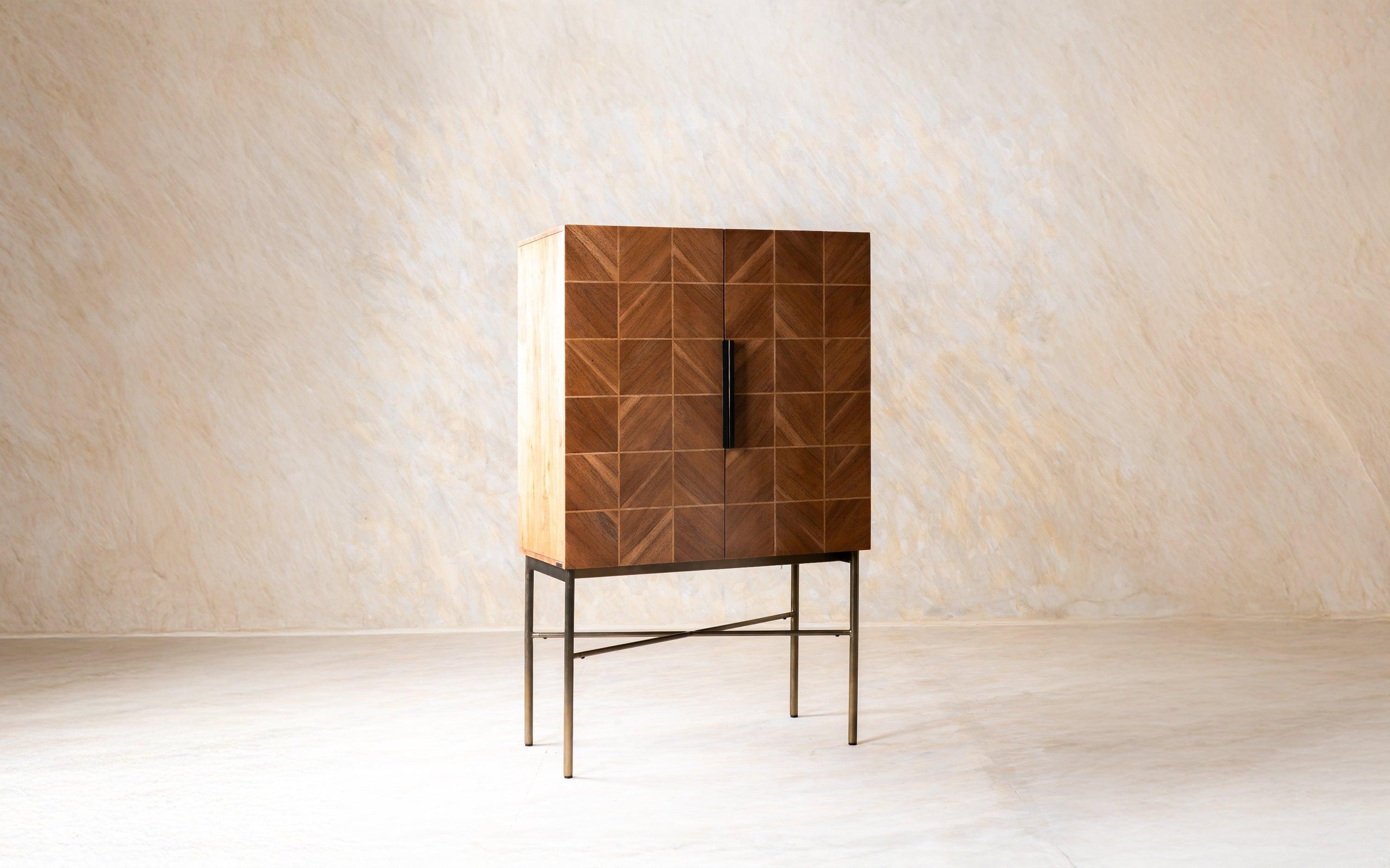 Arrow Bar Unit | Acacia Wood, Veneer, Stainless Steel, Mirror, and Oak Wood