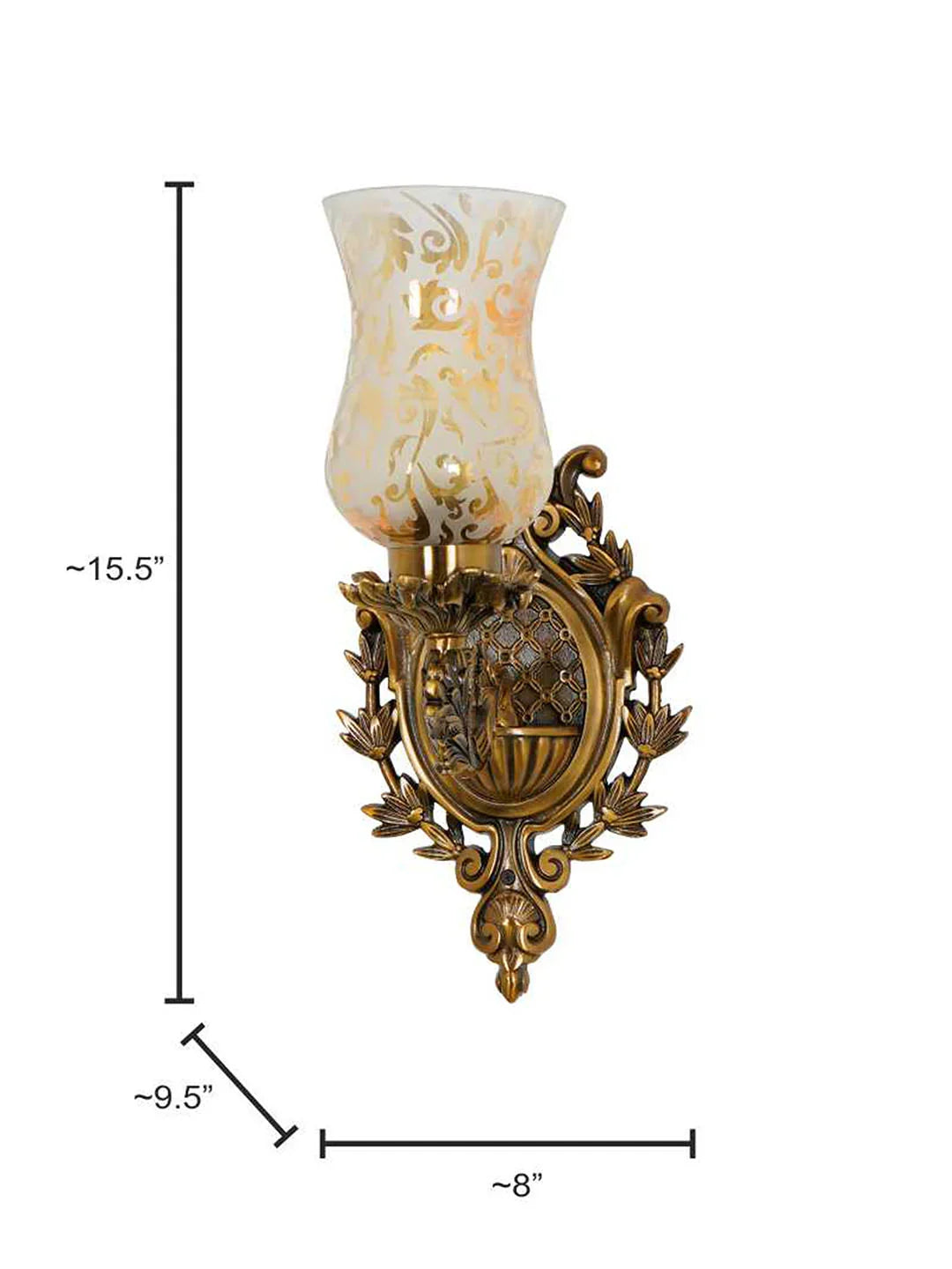 Antique Cast Aluminium Traditional Uplight Wall Sconce with Golden Etched Glass