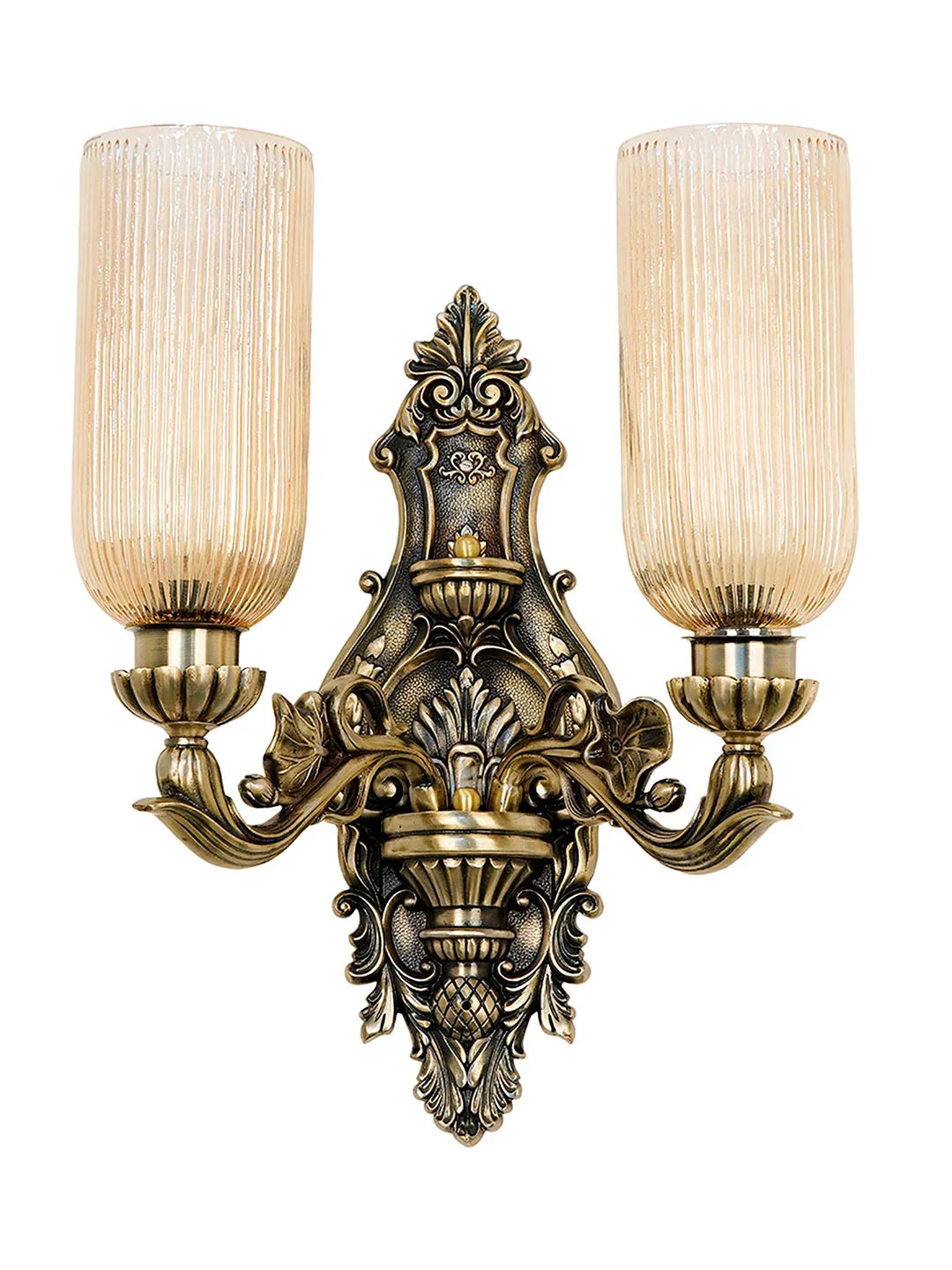 Antique Brass Cast Aluminium Ornate Wall Sconce with Golden Fluted Glass Shades