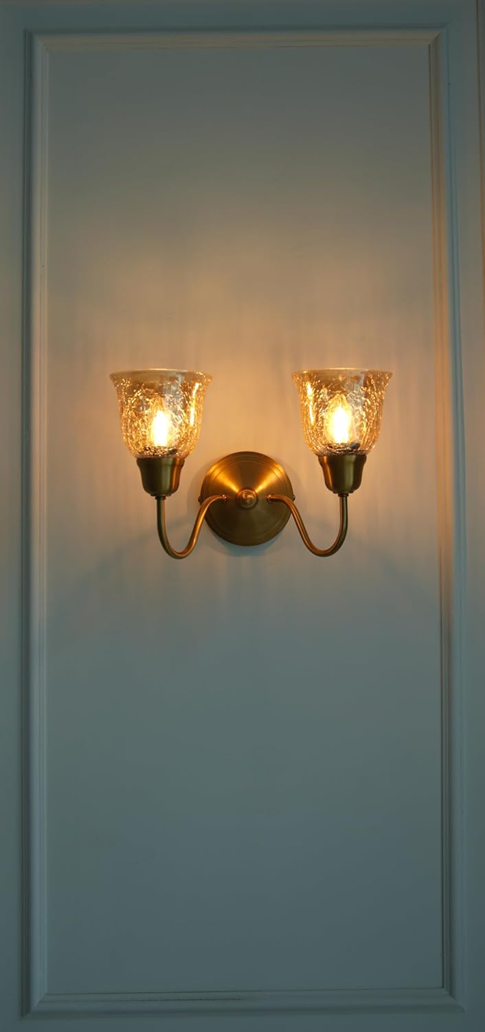 Double Curve Wall Lamp Antique Brass Finish with Cup Crackled Glass Shade for Living Room, Bedroom and Home Decoration