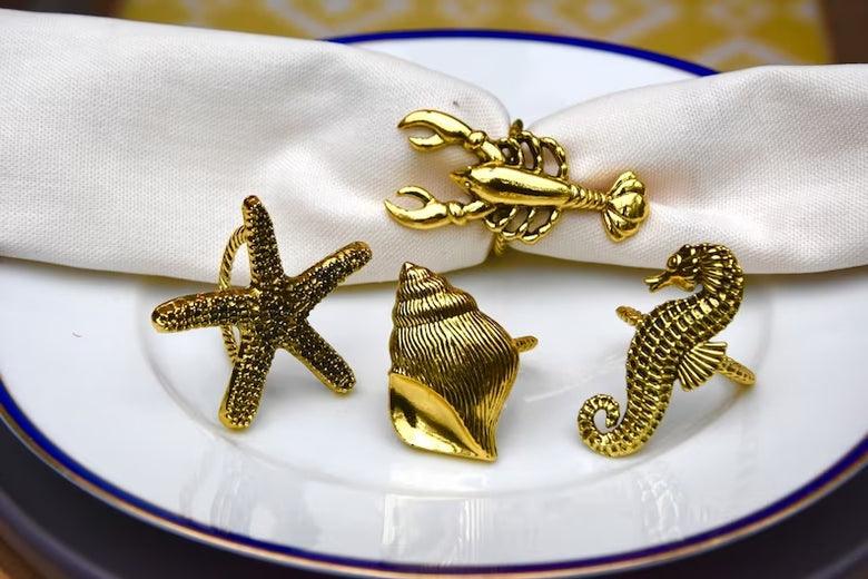 Beach Sea Life Gold Napkin Rings (set of 4)