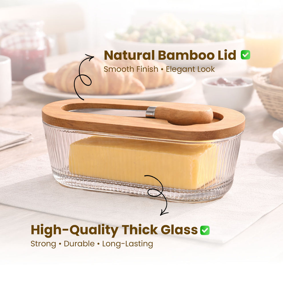 Premium Glass Butter Dish with Wooden Lid, Large Butters Container Keeper Storage with Stainless Steel Knife Spreader, Bamboo Cover and Silicone Sealing Ring for West East Coast
